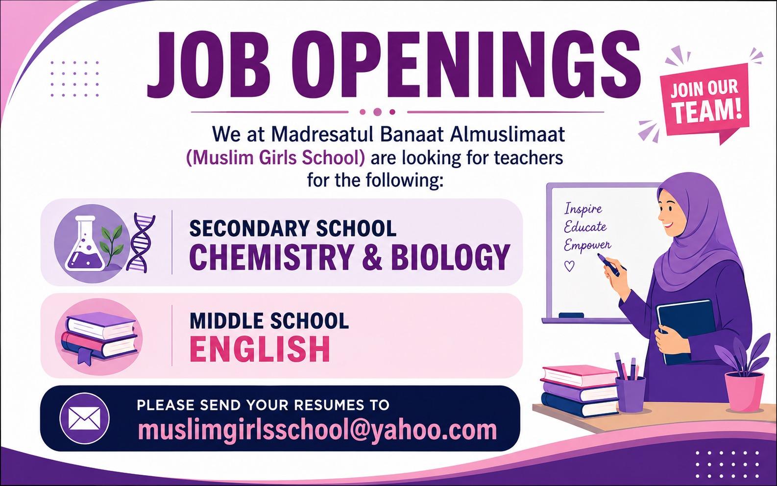Job openings for Secondary School Chemistry and Biology teachers and Middle School English teachers